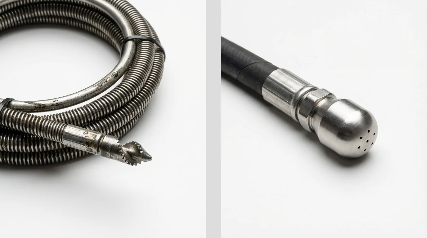 Drain snake cable and hydro jetting nozzle used for drain cleaning in Bedford, NY