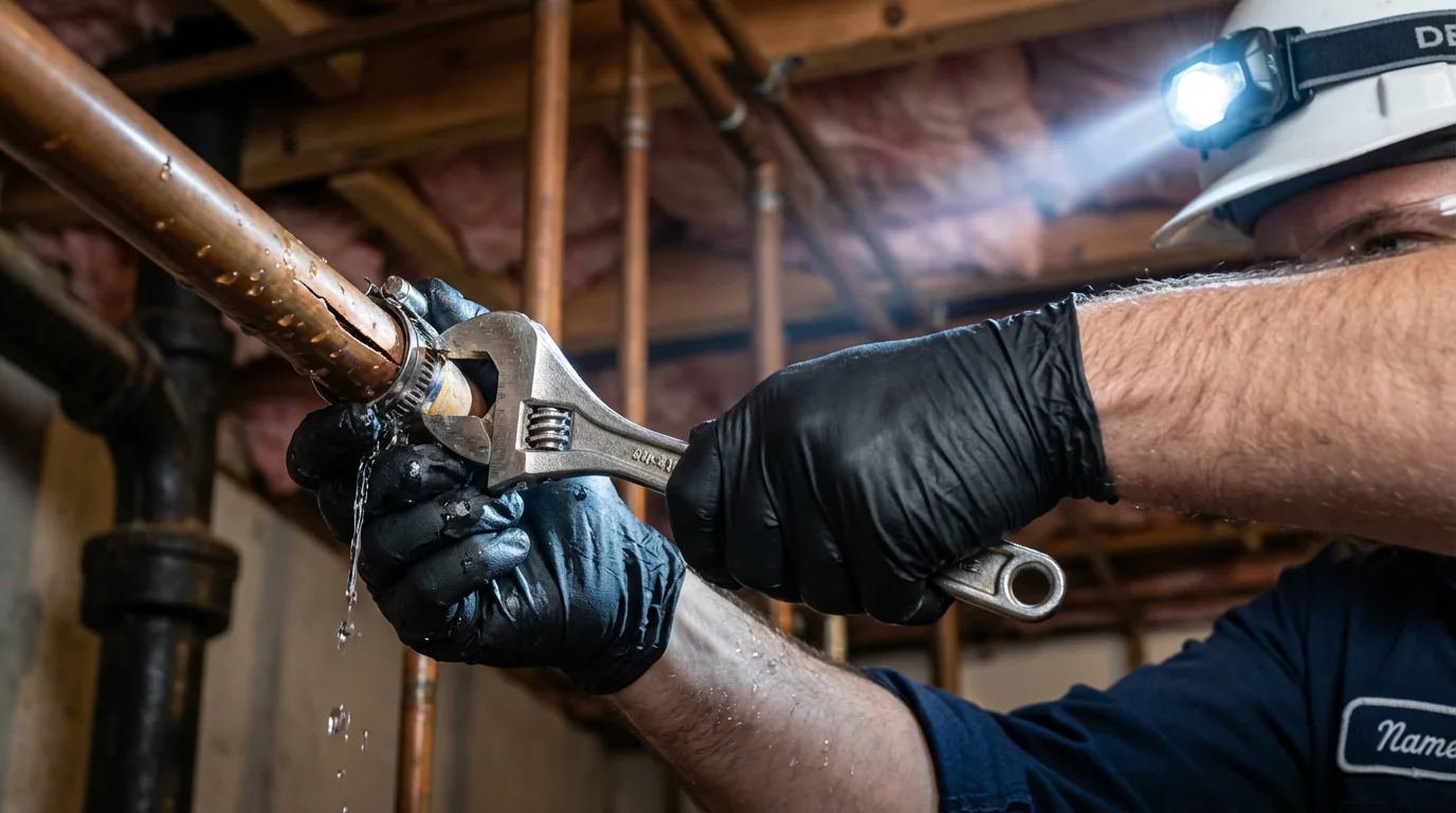 Emergency pipe clamp repair being performed by a Johns Plumbing LLC plumber in Bedford