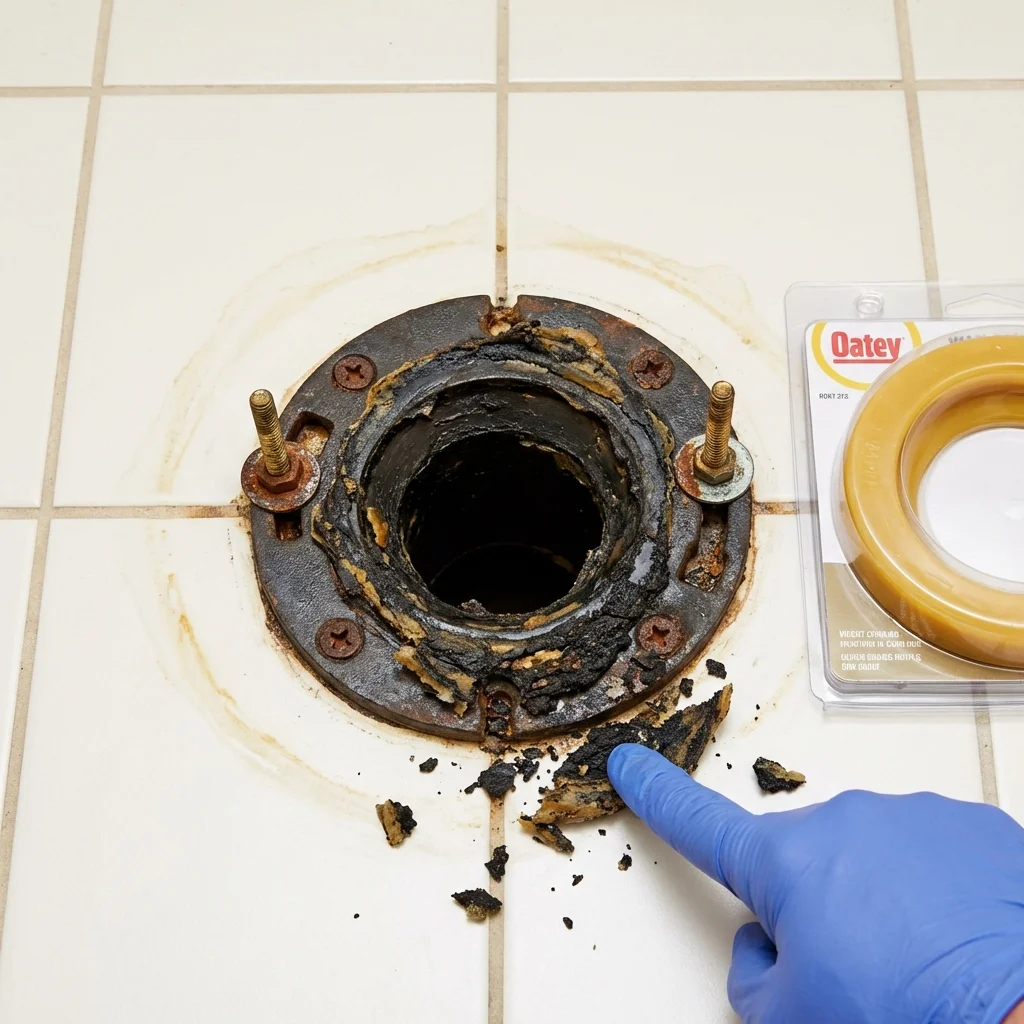 Failed wax ring showing water seepage at the base of a toilet in a Bedford, NY home