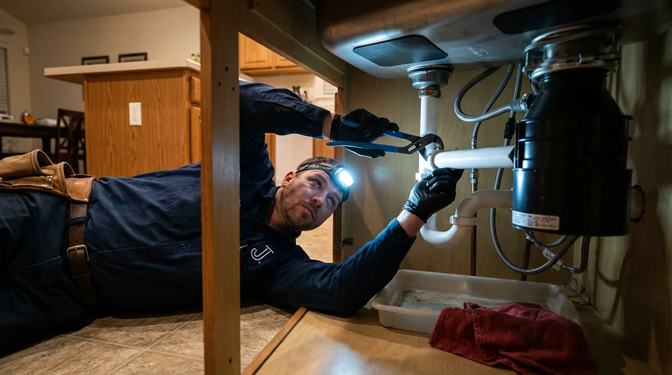 P-trap and supply line connections under a kitchen sink showing a common leak point in Bedford, NY